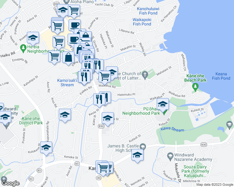 map of restaurants, bars, coffee shops, grocery stores, and more near 45-247 Halemuku Place in Kaneohe