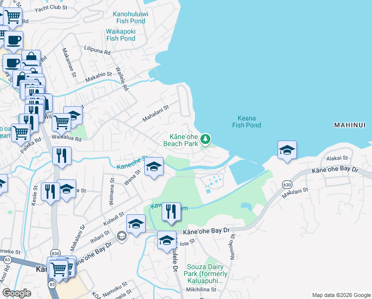 map of restaurants, bars, coffee shops, grocery stores, and more near 45-17 Waikalualoko Loop in Kaneohe