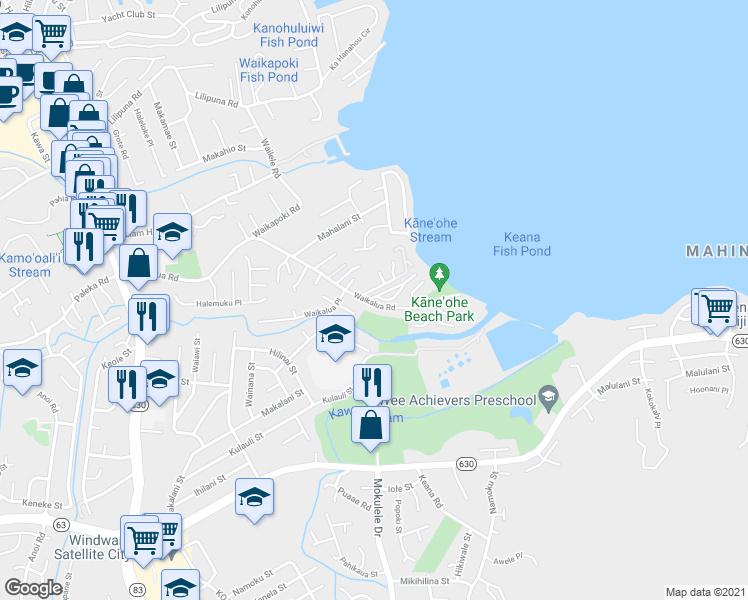 map of restaurants, bars, coffee shops, grocery stores, and more near 45-73 Waikalua Road in Kaneohe