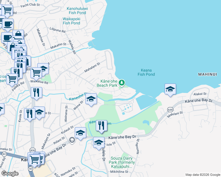 map of restaurants, bars, coffee shops, grocery stores, and more near 45-17 Waikalualoko Loop in Kaneohe