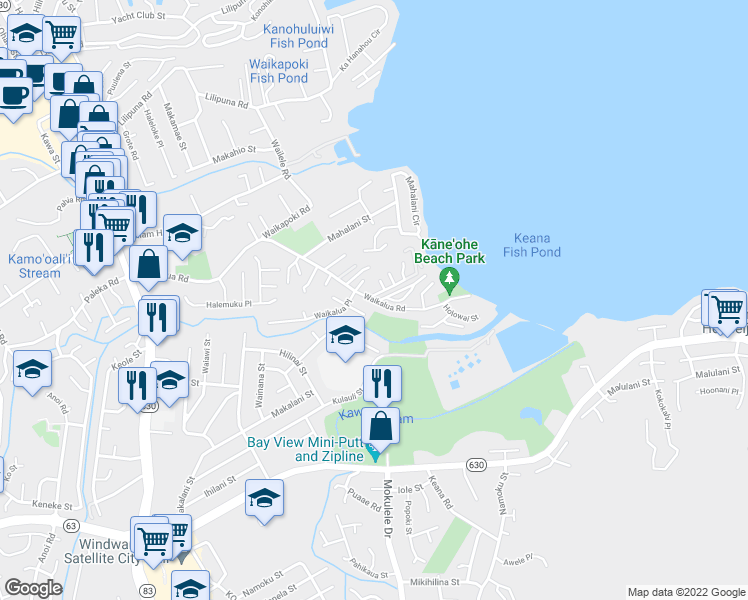 map of restaurants, bars, coffee shops, grocery stores, and more near 45-73 Waikalua Road in Kaneohe