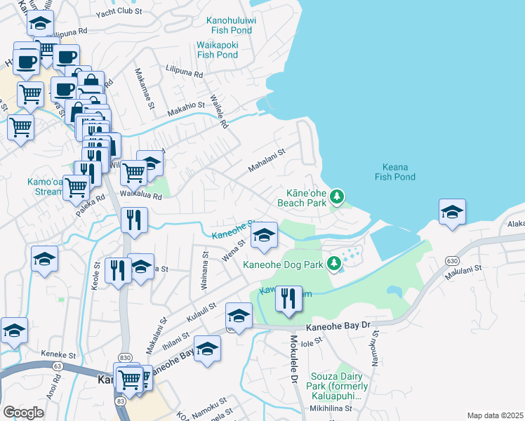 map of restaurants, bars, coffee shops, grocery stores, and more near 45-97 Waiape Place in Kaneohe