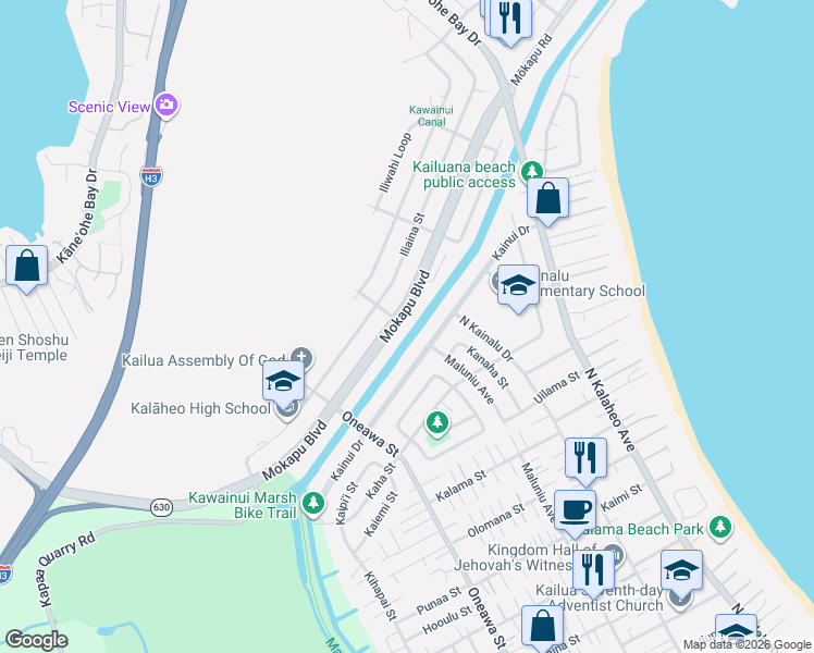 map of restaurants, bars, coffee shops, grocery stores, and more near 1162 Mokapu Boulevard in Kailua