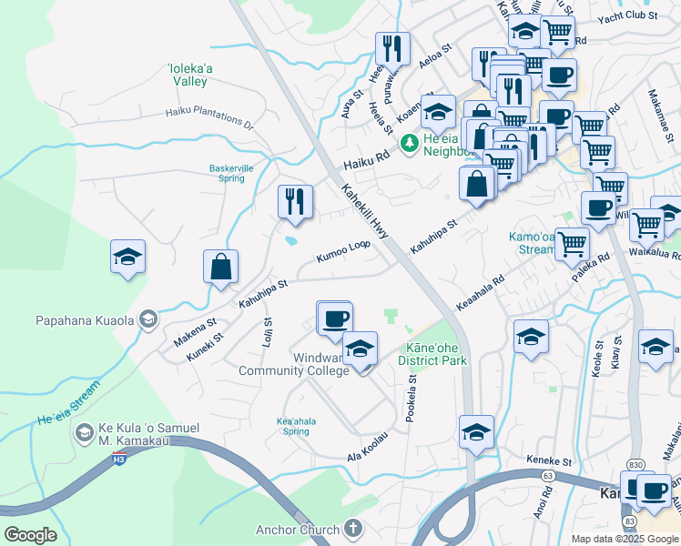 map of restaurants, bars, coffee shops, grocery stores, and more near 46-341 Kahuhipa Street in Kaneohe