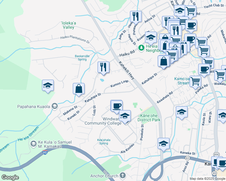 map of restaurants, bars, coffee shops, grocery stores, and more near 46-345 Kahuhipa Street in Kaneohe