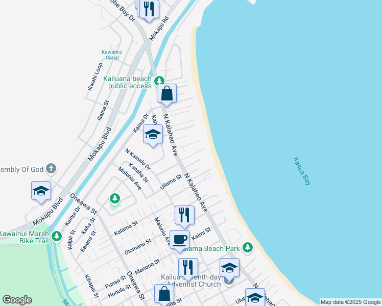 map of restaurants, bars, coffee shops, grocery stores, and more near 54 Wilikoki Place in Kailua