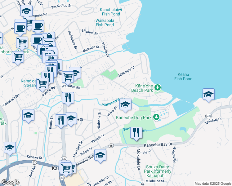 map of restaurants, bars, coffee shops, grocery stores, and more near 45-124B Waikalua Road in Kaneohe