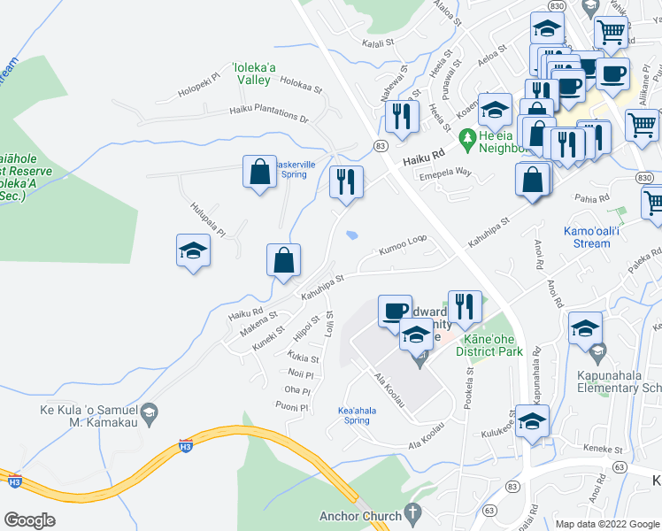 map of restaurants, bars, coffee shops, grocery stores, and more near 46-401 Kahuhipa Street in Kaneohe