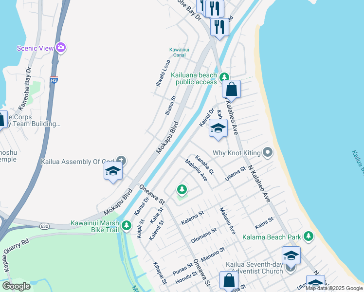 map of restaurants, bars, coffee shops, grocery stores, and more near 1128 Kainui Drive in Kailua
