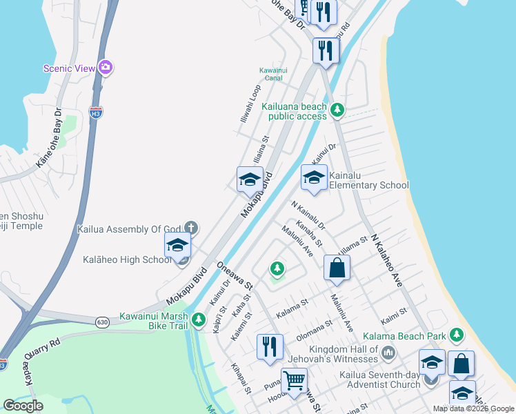 map of restaurants, bars, coffee shops, grocery stores, and more near 1162 Mokapu Boulevard in Kailua