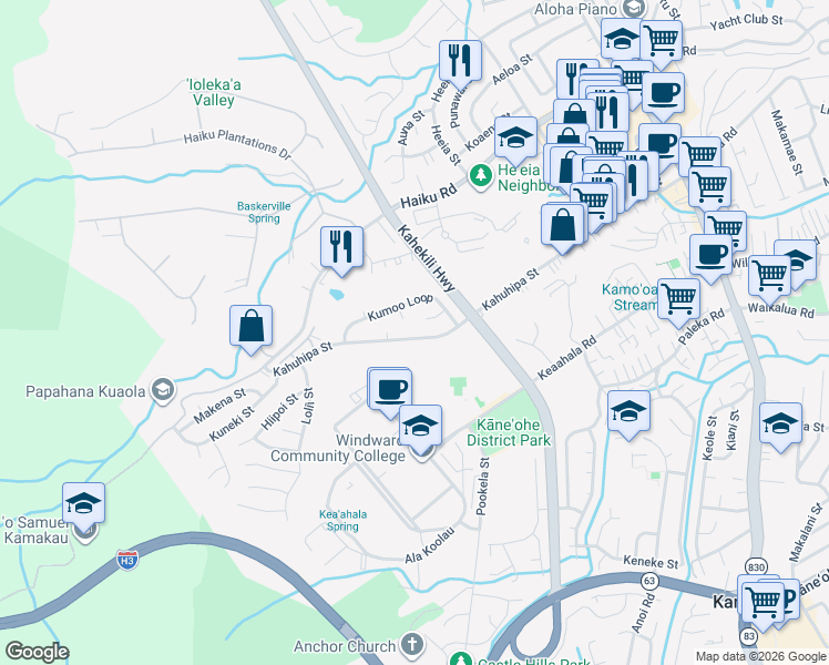 map of restaurants, bars, coffee shops, grocery stores, and more near 46-319 Kahuhipa Street in Kaneohe