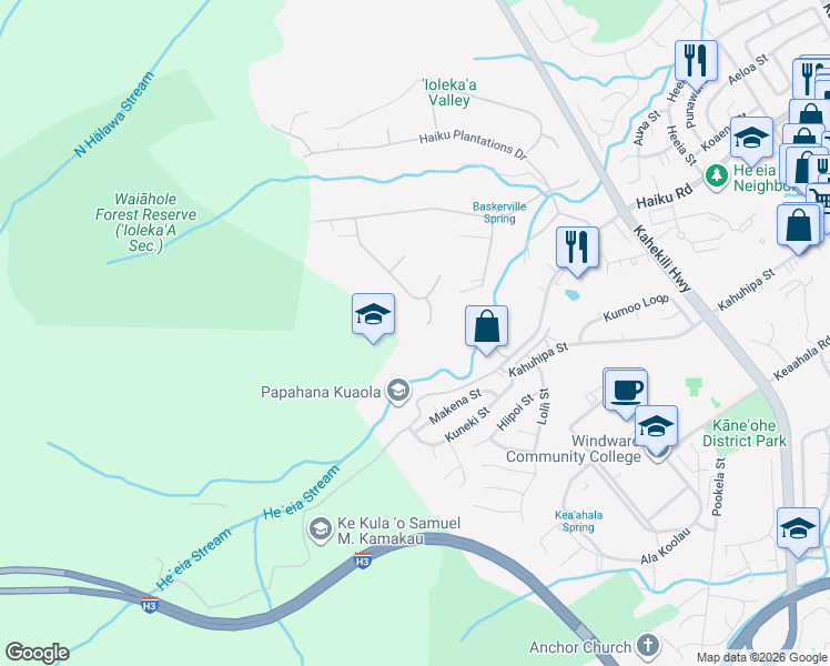 map of restaurants, bars, coffee shops, grocery stores, and more near 46-402 Holoanai Way in Kaneohe