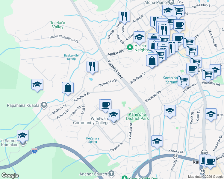 map of restaurants, bars, coffee shops, grocery stores, and more near 46-319 Kahuhipa Street in Kaneohe