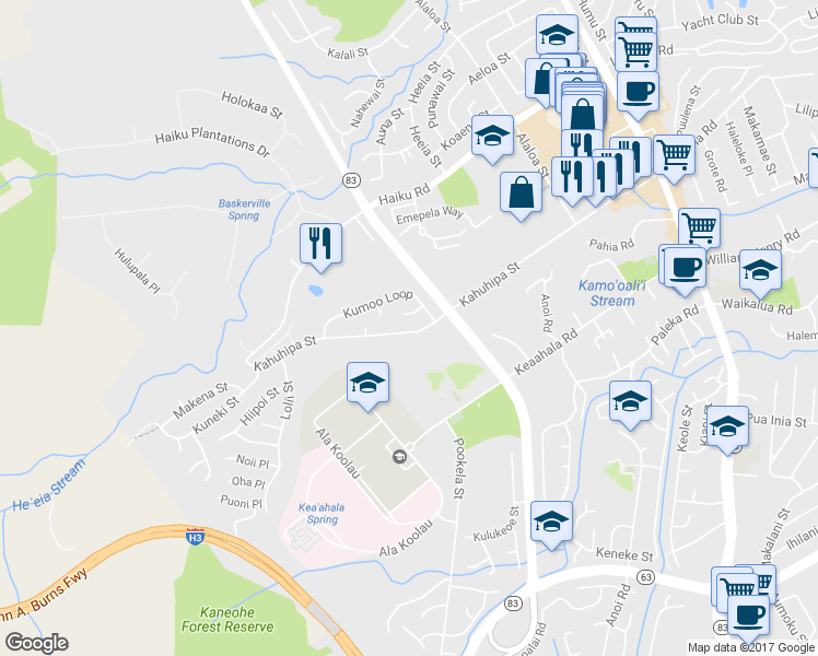 map of restaurants, bars, coffee shops, grocery stores, and more near 46-319 Kahuhipa Street in Kaneohe