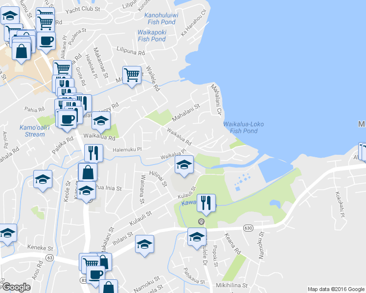 map of restaurants, bars, coffee shops, grocery stores, and more near 45-97 Waiape Place in Kaneohe