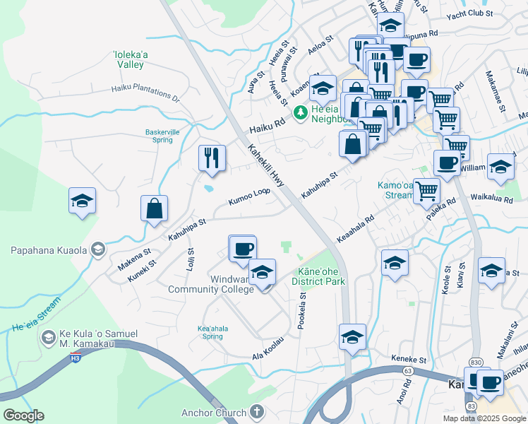 map of restaurants, bars, coffee shops, grocery stores, and more near 46-323 Kahuhipa Street in Kaneohe