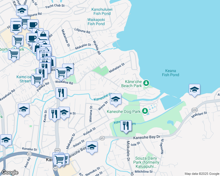 map of restaurants, bars, coffee shops, grocery stores, and more near 45-108 Waiape Place in Kaneohe