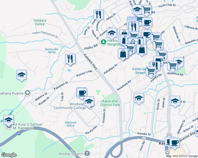 map of restaurants, bars, coffee shops, grocery stores, and more near 46-298 Kahuhipa Street in Kaneohe