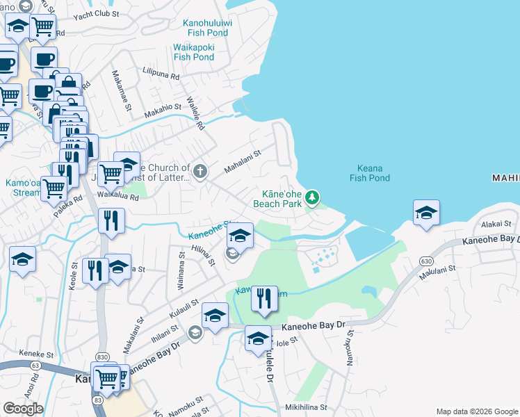 map of restaurants, bars, coffee shops, grocery stores, and more near 45-73 Waikalua Road in Kaneohe