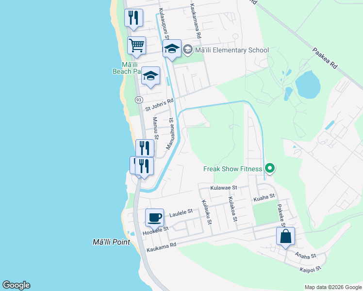 map of restaurants, bars, coffee shops, grocery stores, and more near 87-154 Mamoalii Place in Waianae