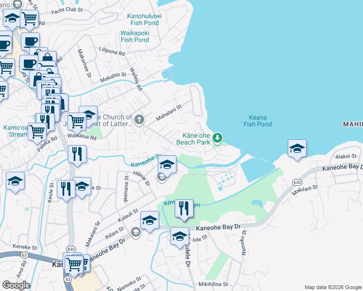 map of restaurants, bars, coffee shops, grocery stores, and more near 45-73 Waikalua Road in Kaneohe