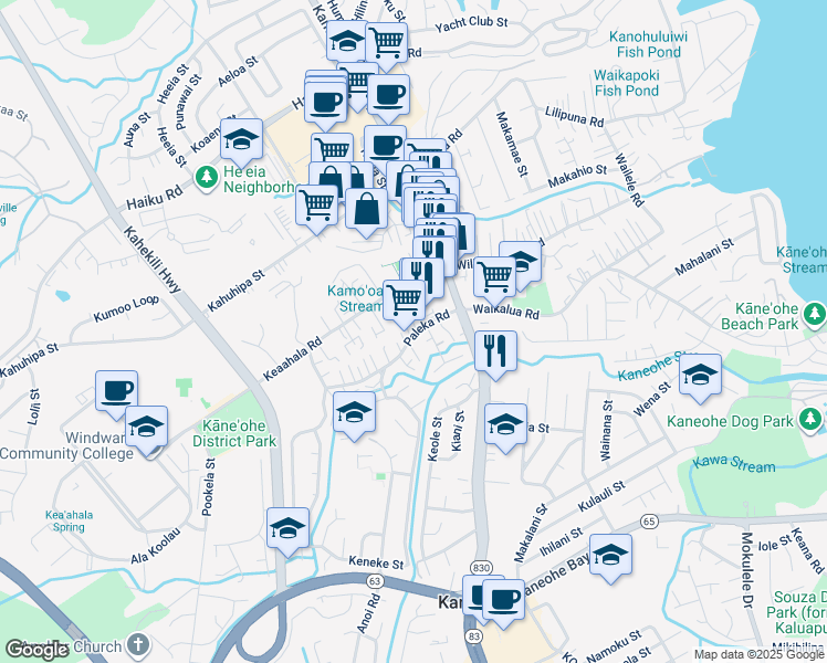 map of restaurants, bars, coffee shops, grocery stores, and more near 45-882 Luana Place in Kaneohe