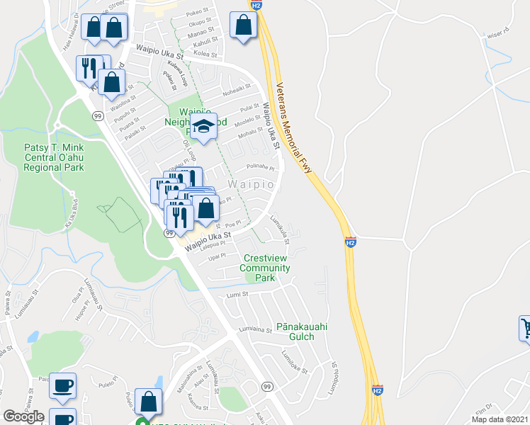map of restaurants, bars, coffee shops, grocery stores, and more near 2 Lumikula Street in Waipahu