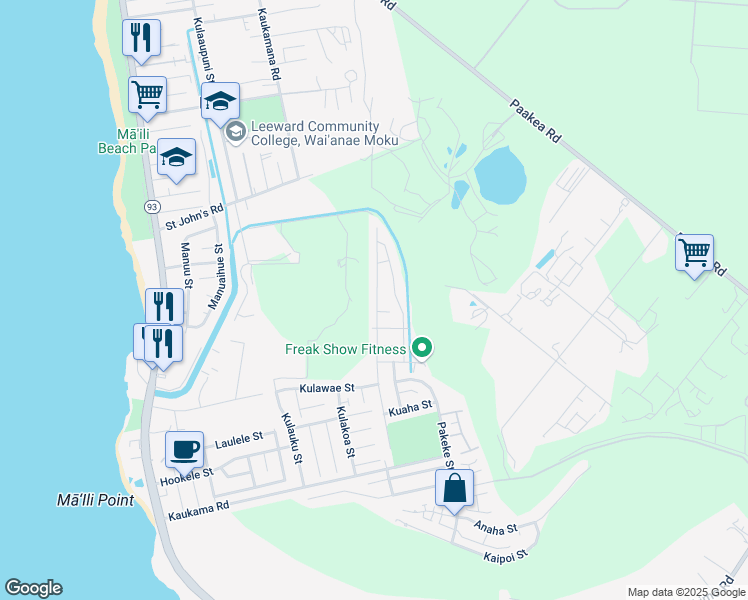 map of restaurants, bars, coffee shops, grocery stores, and more near 87-1675 Mokila Street in Waianae