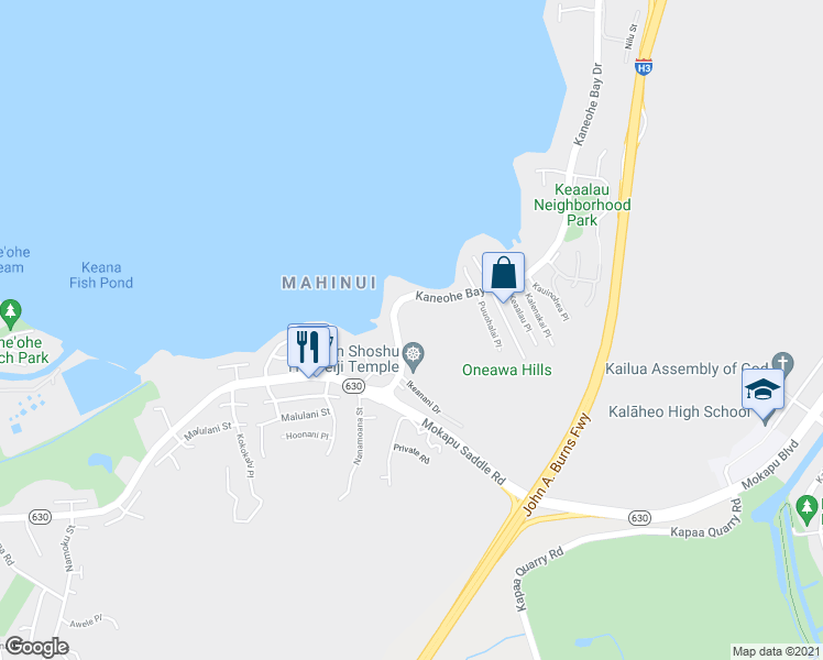 map of restaurants, bars, coffee shops, grocery stores, and more near 44-656B Kaneohe Bay Drive in Kailua