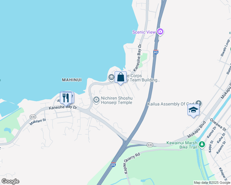 map of restaurants, bars, coffee shops, grocery stores, and more near 44-588 Kaneohe Bay Drive in Kaneohe