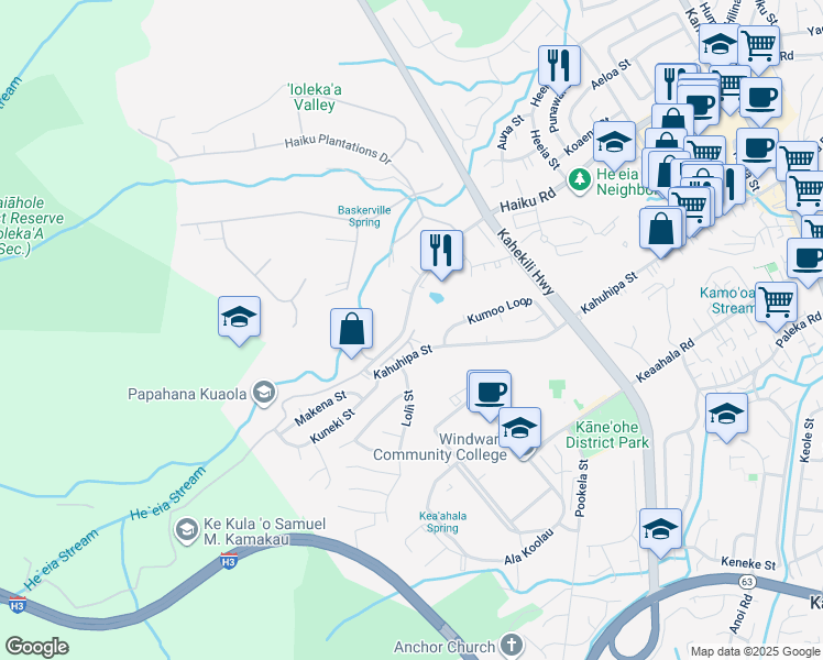 map of restaurants, bars, coffee shops, grocery stores, and more near 46-401 Kahuhipa Street in Kaneohe