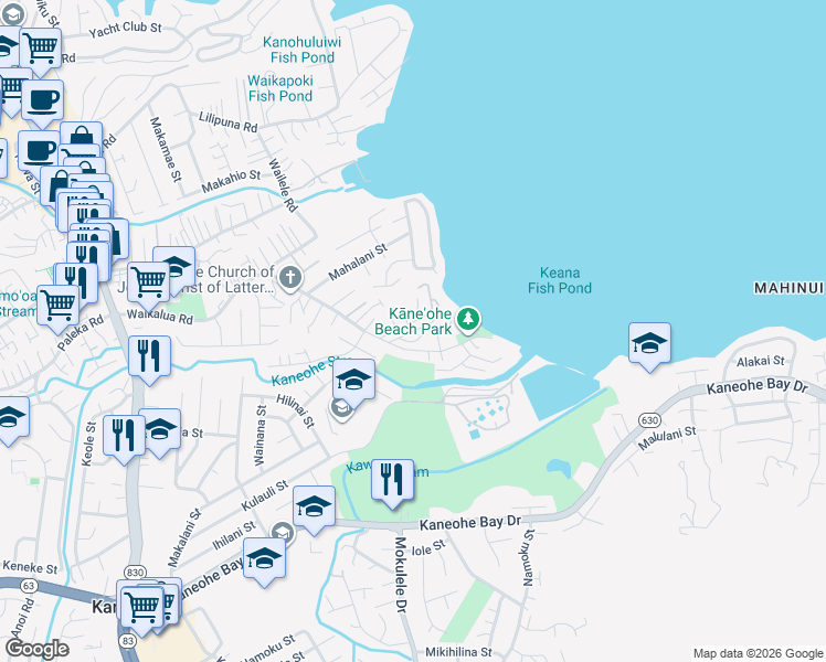 map of restaurants, bars, coffee shops, grocery stores, and more near 45-17 Waikalualoko Loop in Kaneohe