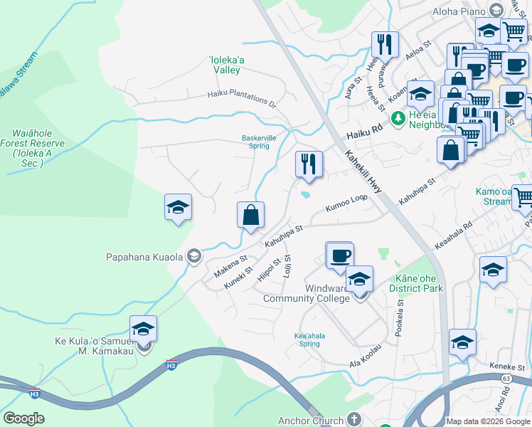 map of restaurants, bars, coffee shops, grocery stores, and more near 46-401 Haiku Road in Kaneohe
