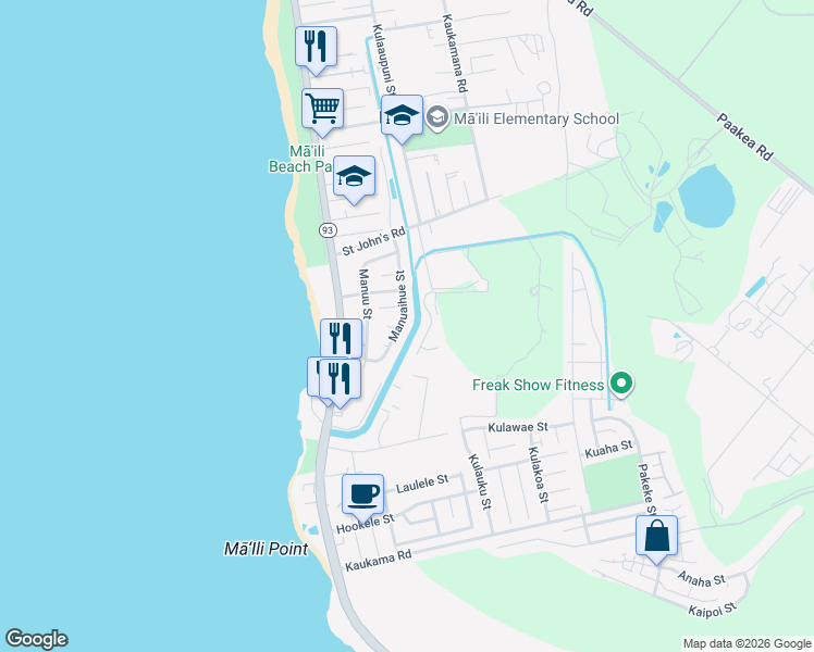 map of restaurants, bars, coffee shops, grocery stores, and more near 87-154 Mamoalii Place in Waianae