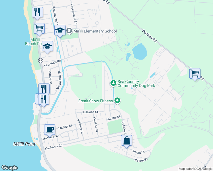 map of restaurants, bars, coffee shops, grocery stores, and more near 87-1675 Mokila Street in Waianae