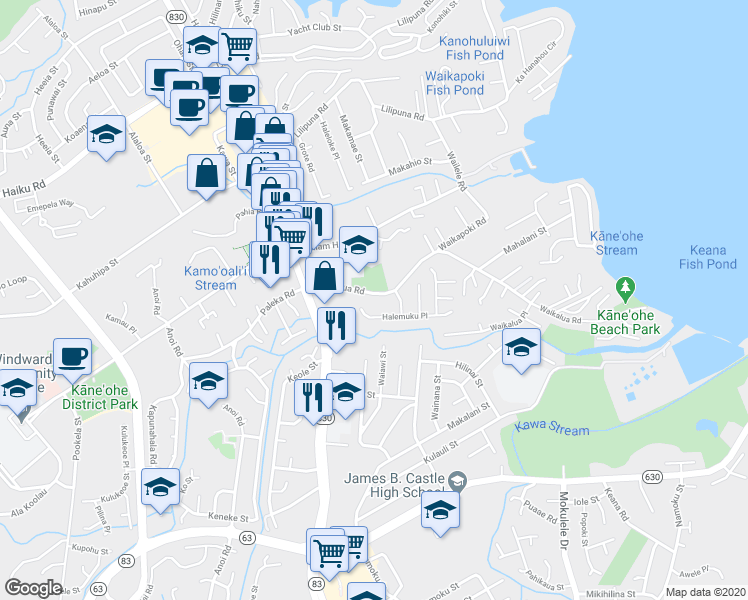 map of restaurants, bars, coffee shops, grocery stores, and more near 45-247 Halemuku Place in Kaneohe