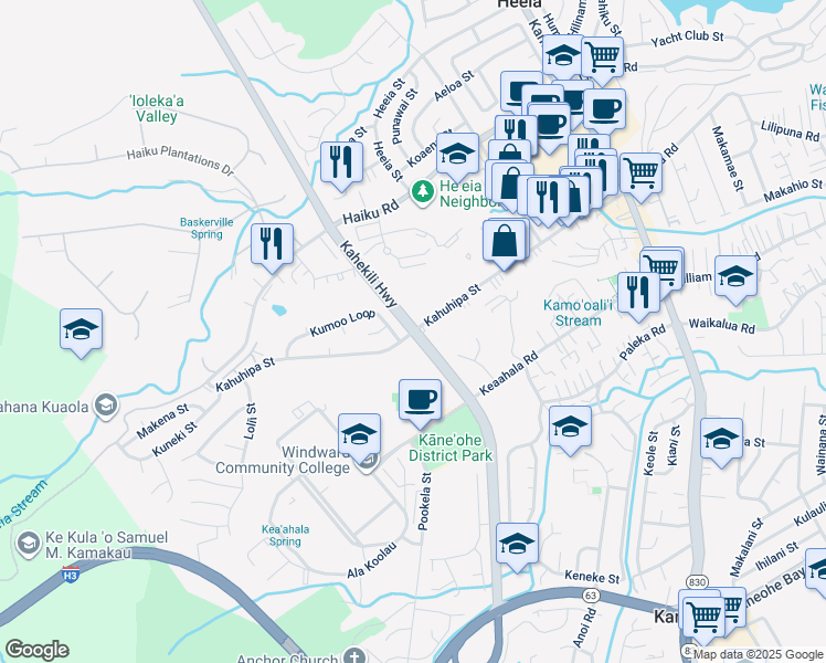 map of restaurants, bars, coffee shops, grocery stores, and more near 0 Kahekili Highway in Kaneohe