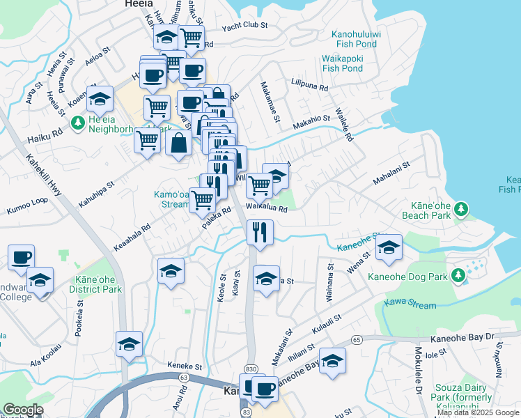 map of restaurants, bars, coffee shops, grocery stores, and more near 45-260 Waikalua Road in Kaneohe