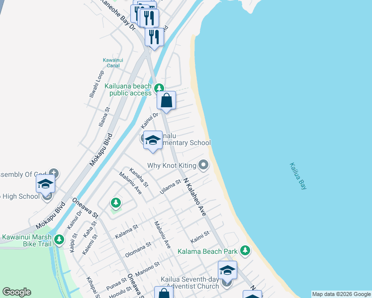 map of restaurants, bars, coffee shops, grocery stores, and more near 50 Kaikea Place in Kailua