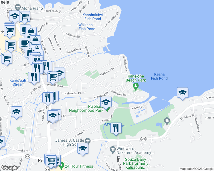 map of restaurants, bars, coffee shops, grocery stores, and more near 45-125 Mauli Place in Kaneohe