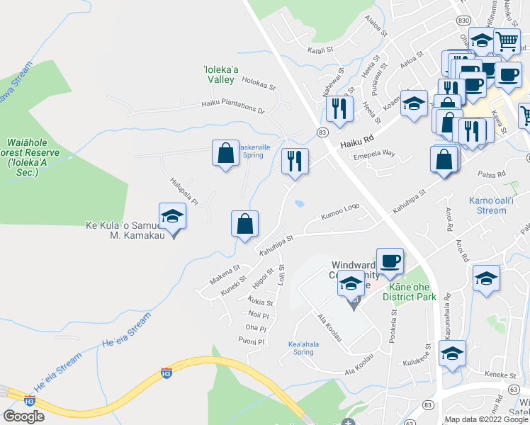 map of restaurants, bars, coffee shops, grocery stores, and more near 46-359 Haiku Road in Kaneohe