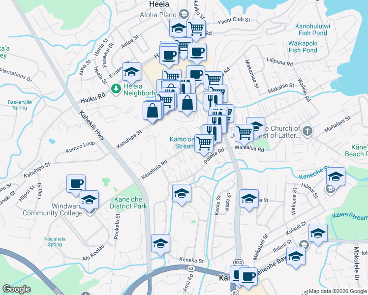 map of restaurants, bars, coffee shops, grocery stores, and more near 45-559 Keaahala Road in Kaneohe