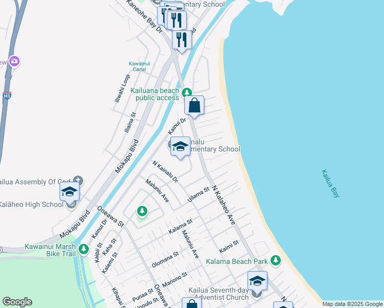 map of restaurants, bars, coffee shops, grocery stores, and more near 87 Kaiholu Place in Kailua