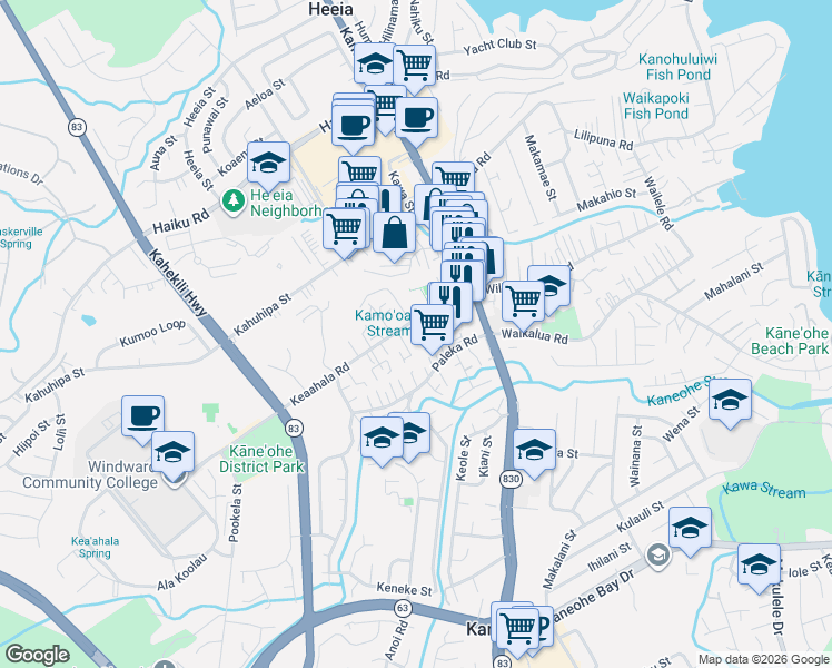 map of restaurants, bars, coffee shops, grocery stores, and more near 45-547 Keaahala Road in Kaneohe