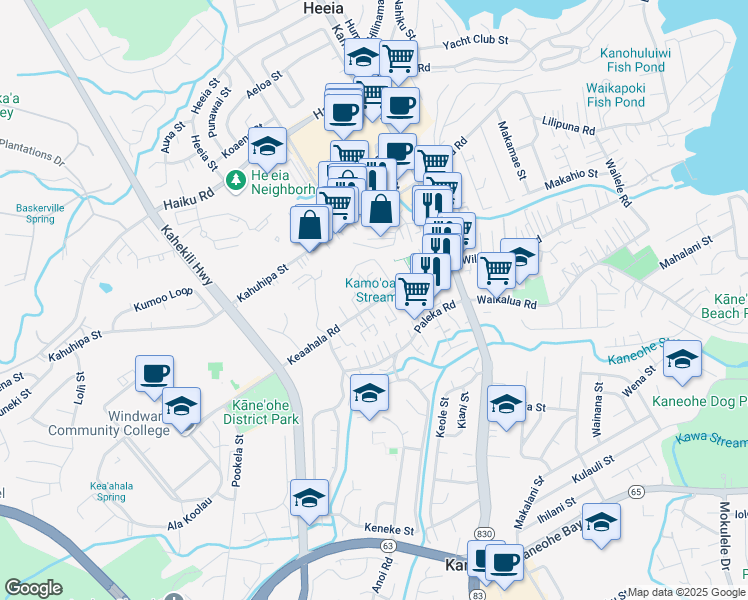 map of restaurants, bars, coffee shops, grocery stores, and more near 45-559 Keaahala Road in Kaneohe