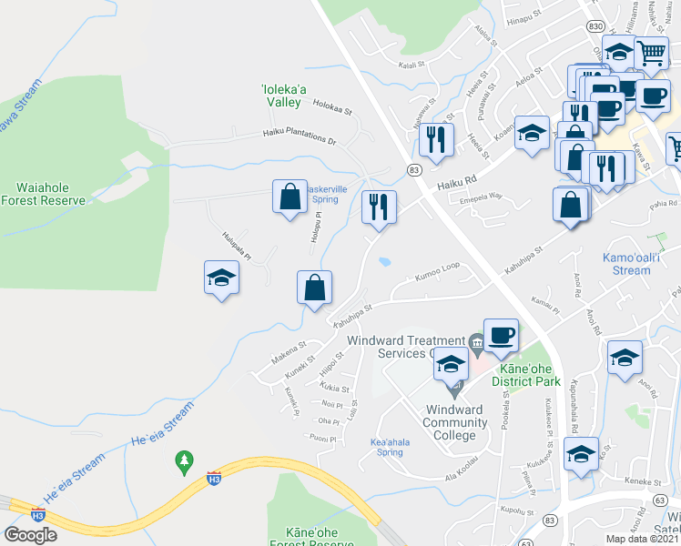 map of restaurants, bars, coffee shops, grocery stores, and more near 46-359 Haiku Road in Kaneohe