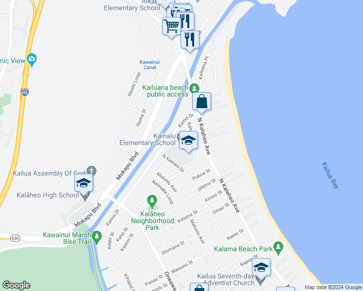 map of restaurants, bars, coffee shops, grocery stores, and more near 165 Kaiholu Street in Kailua