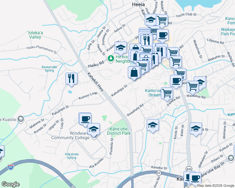 map of restaurants, bars, coffee shops, grocery stores, and more near 46-148 Kahuhipa Street in Kaneohe