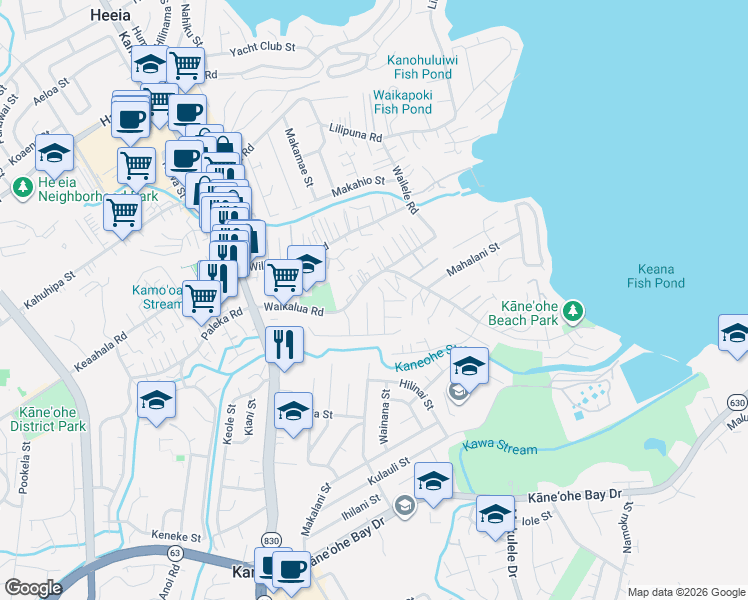 map of restaurants, bars, coffee shops, grocery stores, and more near 45-666 Halemuku Way in Kaneohe