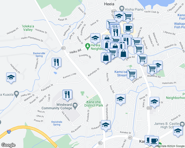 map of restaurants, bars, coffee shops, grocery stores, and more near 46-260 Kahuhipa Street in Kaneohe